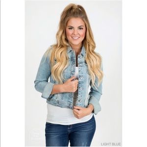 NWOT Distressed Denim Jacket with Rose Gold detail